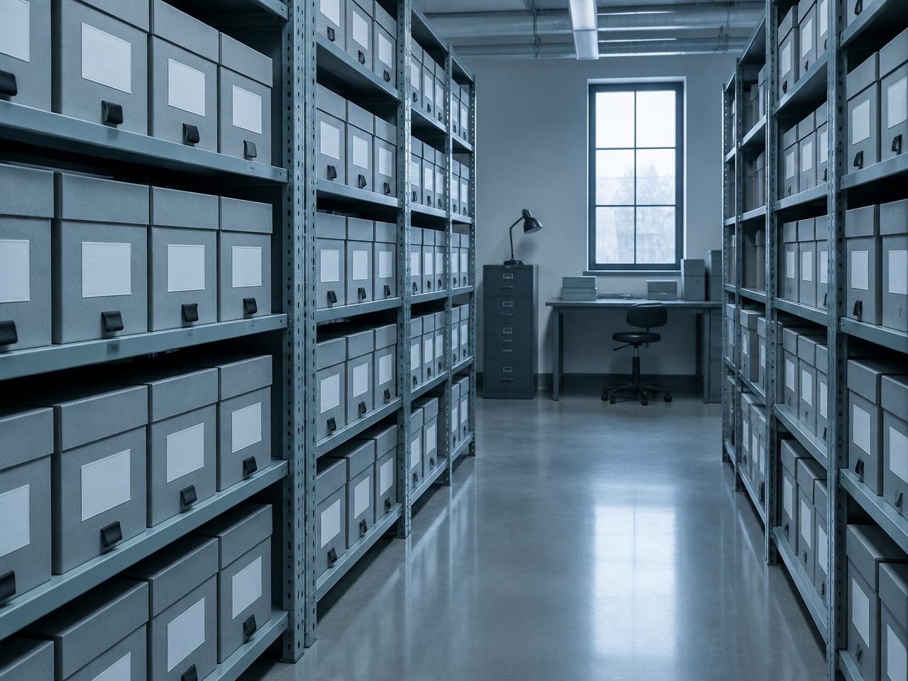 Illustrative image of archival document boxes on shelving