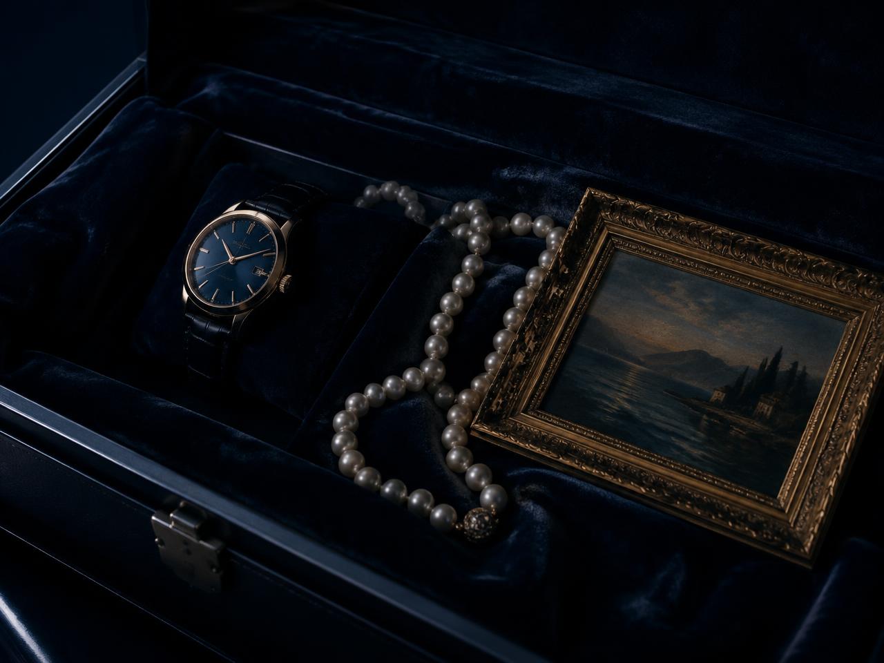 Illustrative image of a watch, pearls and artwork in a protective case